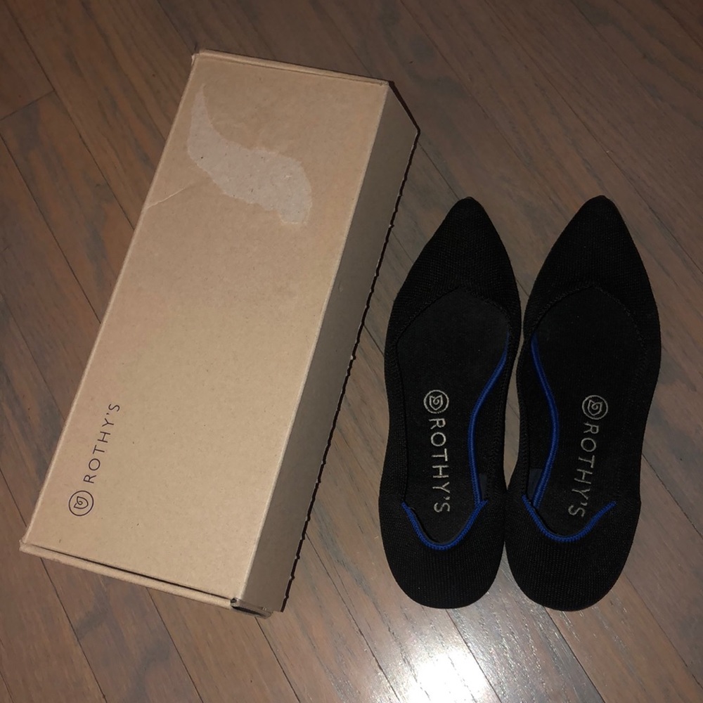 Rothy’s black pointed toe flats with box